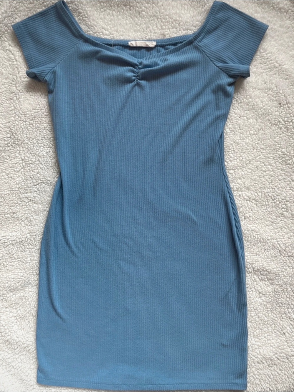 Double Zero Blue Ribbed Off-the-Shoulder Mini Dress